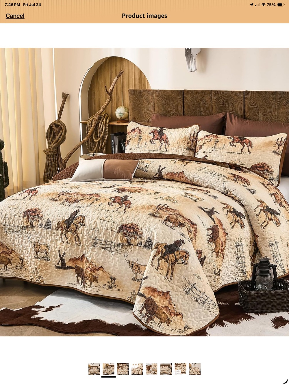 Western Cowboy Bronco Horse Ranch Print Quilt Set Beige & Brown Queen - Picture 2 of 7